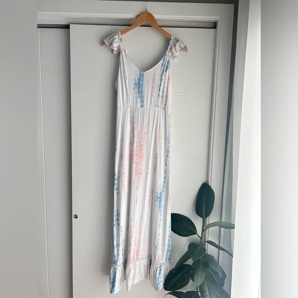 Japna White Maxi Dress with Pink and Blue Tie-Dye Accents - Picture 2 of 4